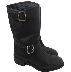 CHANEL - 14B CC Black Leather Buckle Moto Biker Boots - 37